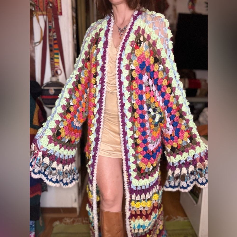 Hand made Jennabeanthreads rainbow wizardress crochet duster bell sleeves cape